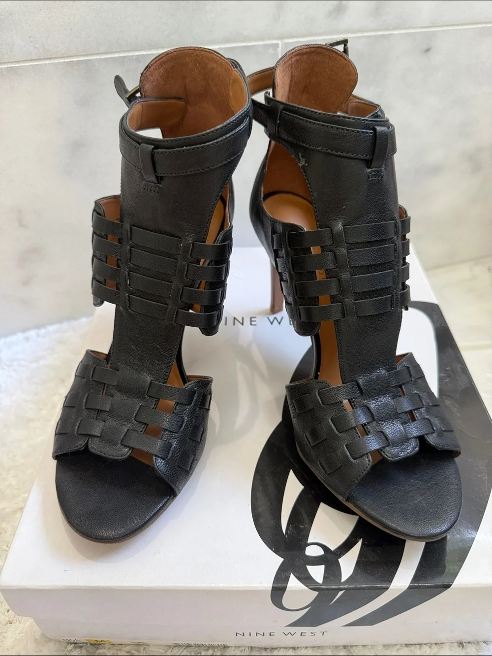 Nine West Black Leather Woven Strappy High Heels 8 1/2 nib